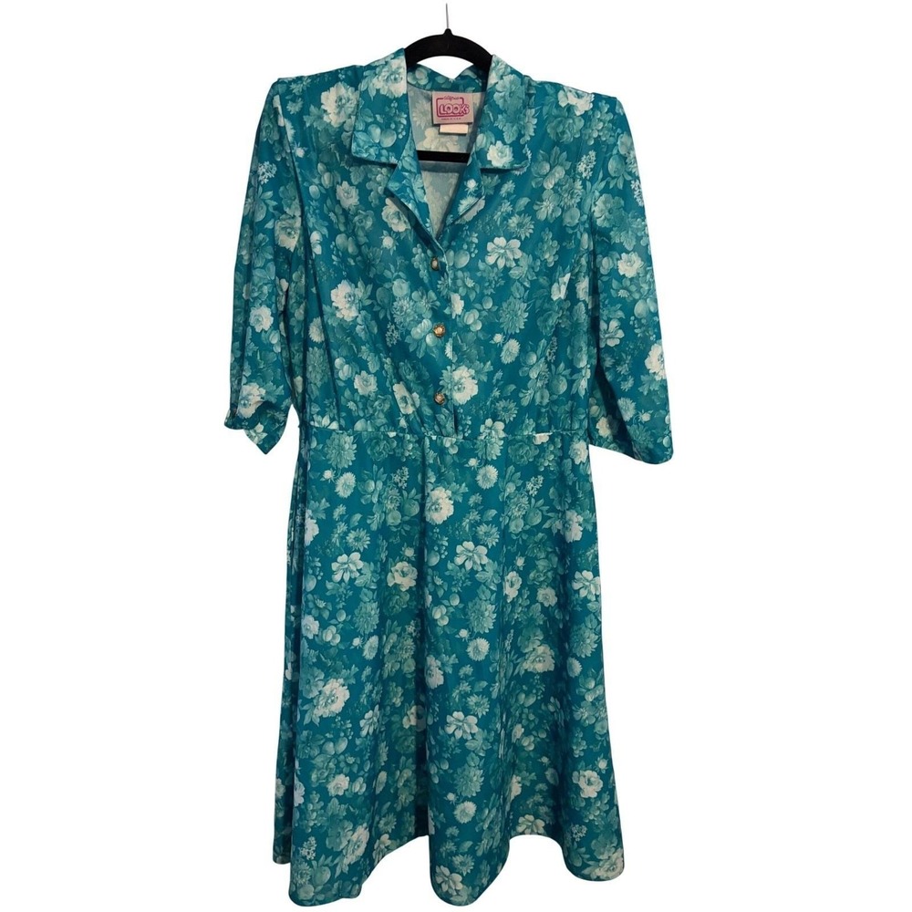 California Looks Vintage Teal Floral Shirt Dress Womens 12P Petite Made in‎ USA